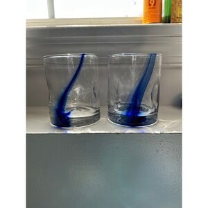 Artisan Hand Blown Cobalt Blue Swirl Whiskey Rocks Glasses Set of 2 Clear 4 Inch